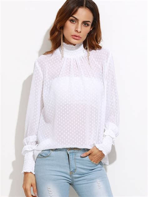 shop white sheer dotted blouse with smocked detail online shein offers white sheer dotted