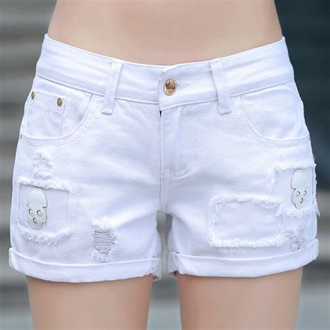 Summer Women Whit Denim Shorts Skeleton Ripped Hole Vintage Short Jeans
