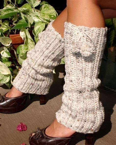 Crochet Leg Warmers With Pom Poms Oatmeal Etsy