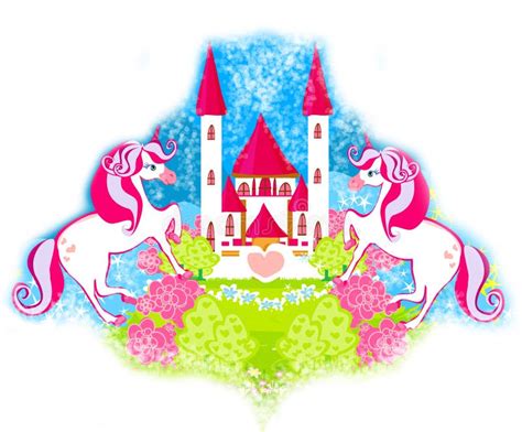 Card With A Cute Unicorns Rainbow And Fairy Tale Princess Castle Stock