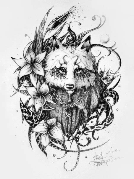 Wolf tattoos are some of the most popular body art designs for men because of their untamed nature and strong associations with family, loyalty, and even better, a wolf tattoo can be adapted to suit any style. Good-natured wolf surrounded with lily flowers tattoo ...