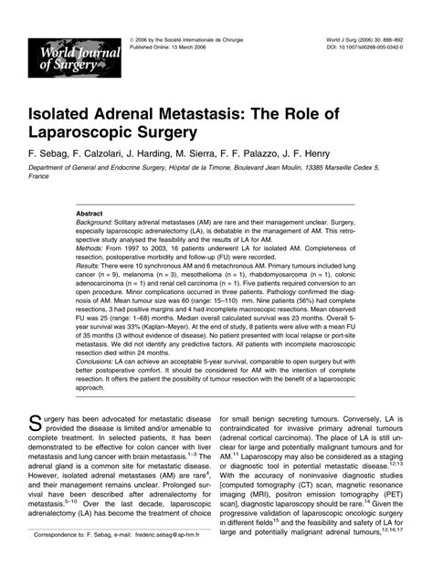 Pdf Isolated Adrenal Metastasis The Role Of Laparoscopic Surgery