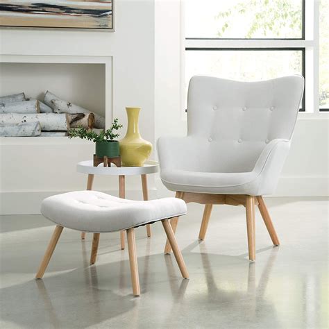 white chair with ottoman wingback design wood legs Scandinavian