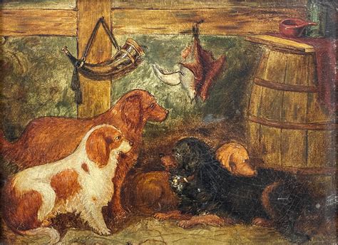 English Antique 19th Century English Dog Oil Painting Terriers