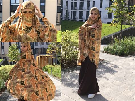 beige and brown khimar with print long jilbab hijab nikab islamic wear ready to wear hijab