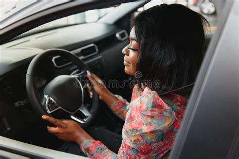 Happy African Woman Driving A New Car Stock Photo Image Of Modern