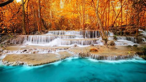 Tropical Waterfall In Thailand River Leaves Autumn Cascades Trees