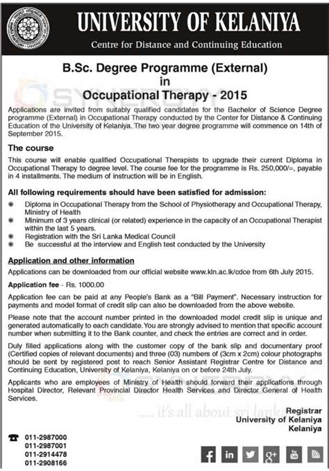 Bsc Degree Programme External In Occupational Therapy 2015 From