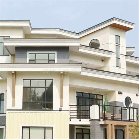 New Modern Yellow Condo Apartment Exterior Balcony Home Design Stock