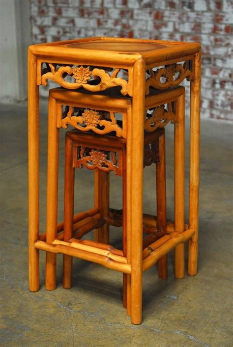 Set Of Three Chinese Lotus Blossom Stacked Nesting Tables For Sale At