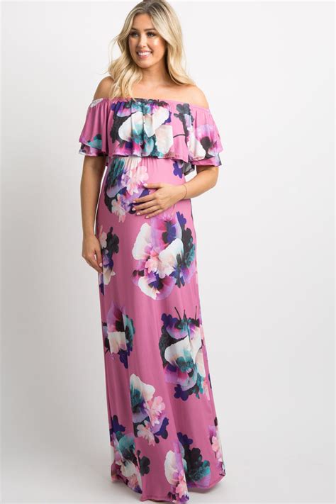 Pink Floral Ruffle Off Shoulder Maternity Maxi Dress Pinkblush