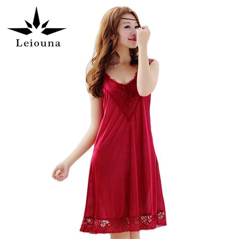 Leiouna 2017 New Lace Nightgowns Faux Silk Nighties Slip Dress Summer Sleepshirts Women Sexy