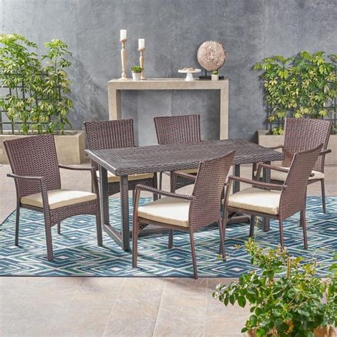 Noble House Knox Multi Brown 7 Piece Plastic Outdoor Dining Set With