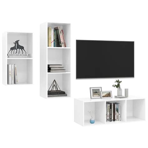 3 Piece Tv Cabinet Set High Gloss White Chipboard Home And Garden