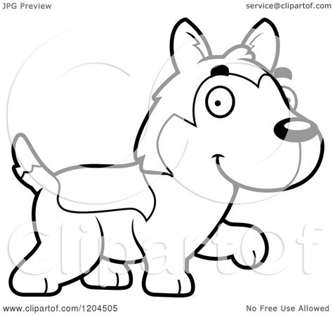 Cartoon Of A Black And White Cute Husky Puppy Dog Walking