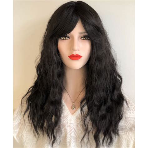 Natural Black Wavy Wig With Bangs Synthetic Wig T For Her Etsy