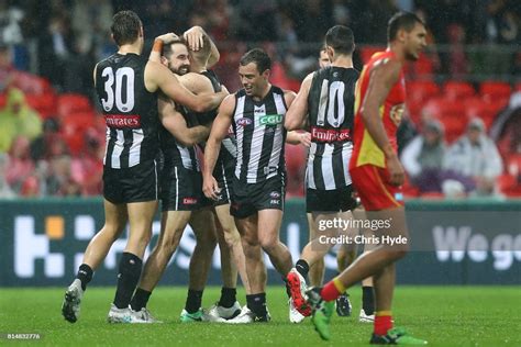 Steele Sidebottom Of The Magpies Celebrates A Goal With Team Mates