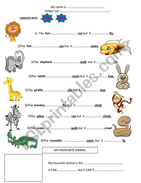 Animals Can And Can´t Esl Worksheet By Eicristin