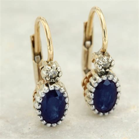 K Real Yellow Gold Natural Blue Sapphire And Diamond Dangle Leverback