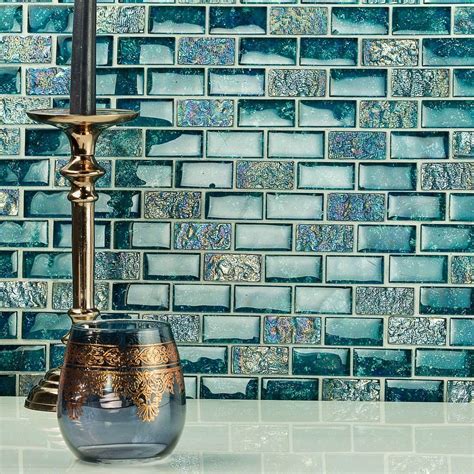 Laguna Iridescent Aquamarine 1x2 Brick Glass Tile Bathroomtiles Bathroom Signs Bathroom
