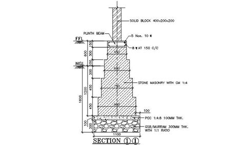 Rcc Foundation Column With Plinth Beam Section Drawing Dwg File Cadbull