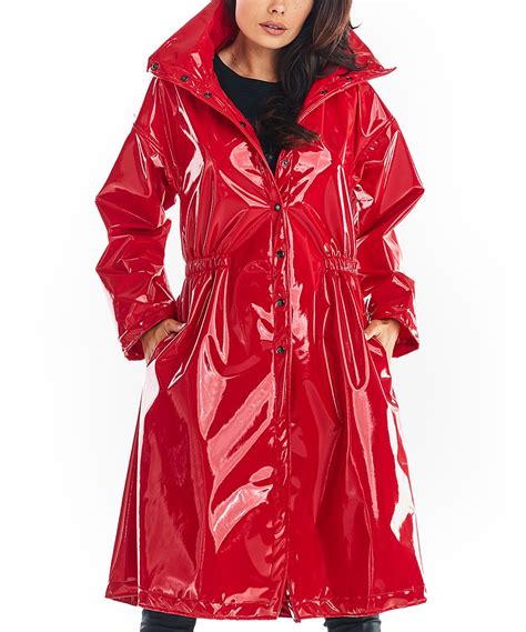 Awama Red Shiny Hooded Midi Raincoat Women Raincoats For Women