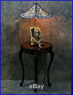 Art Deco W S1938 Mosaic Shade Leaded Stained Glass Lamp Nude Brass Base
