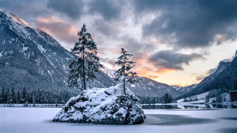 Snow Covered Island Lake Mountain In Alps Bavaria Germany 4k Hd Nature