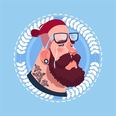 Hipster Hombre Retrato De Dibujos Animados Llorando Cara Vector Premium