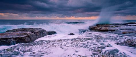 Download Wallpaper 2560x1080 Waves Coast Stone Storm Splashes