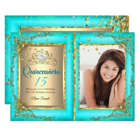 Quinceanera 15th Birthday Party Gold Teal Photo Invitation Zazzle Photo Invitations Photo
