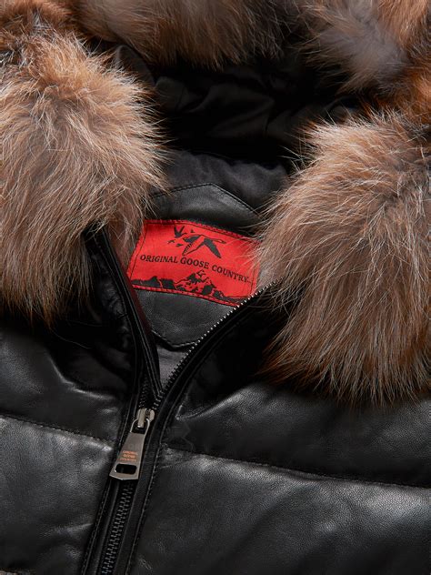 Men S Bubble Jacket Black Leather W Crystal Fox Collar Original Goose Country