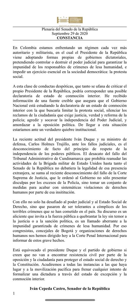 La conmoción interior le da facultades también a las autoridades para que con orden judicial o sin ella, detenga de forma preventiva a personas sobre las que se tenga algún indicio de estar. Iván Cepeda hace grave Denuncia: "Gobierno busca decretar ...