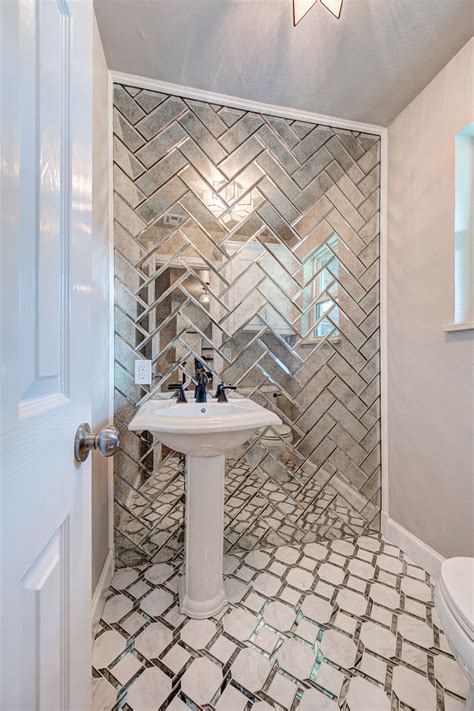 Silver Mirror Glass Subway Tile Herringbone Layout Tile Accent Wall