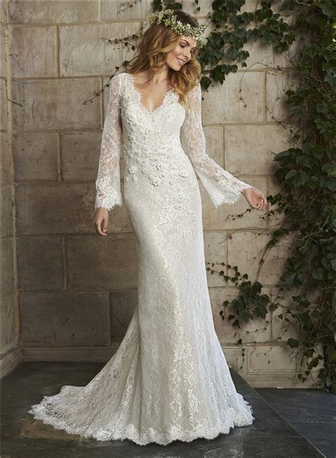 Description details this flirty ankle length dress comes in ivory or a light blue for a less traditional look that is just as gorgeous. Vintage Mermaid Scalloped Neck Low Back Long Sleeve Lace ...