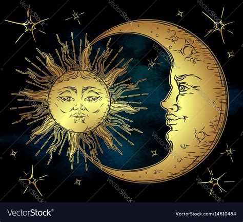 Antique Style Golden Sun Crescent Moon And Stars Vector Image On Sun