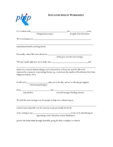 Elevator Speech Worksheet In Word And Pdf Formats