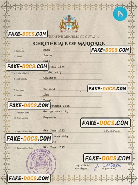 Guyana Marriage Certificate PSD Template Fully Editable Fake Docs