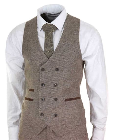 Mens Oak Brown 3 Piece Suit With Double Breasted Waistcoat Happy