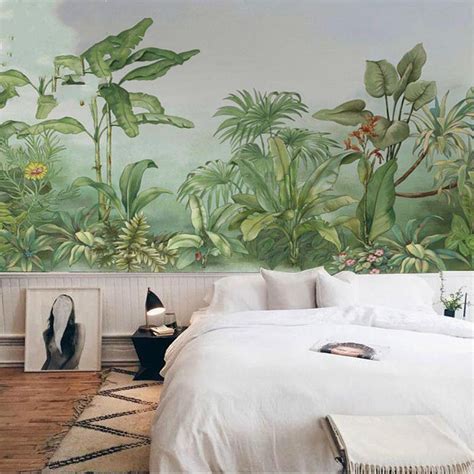 Hand Painted Oil Painting Tropical Plants Wallpaper Wall Etsy