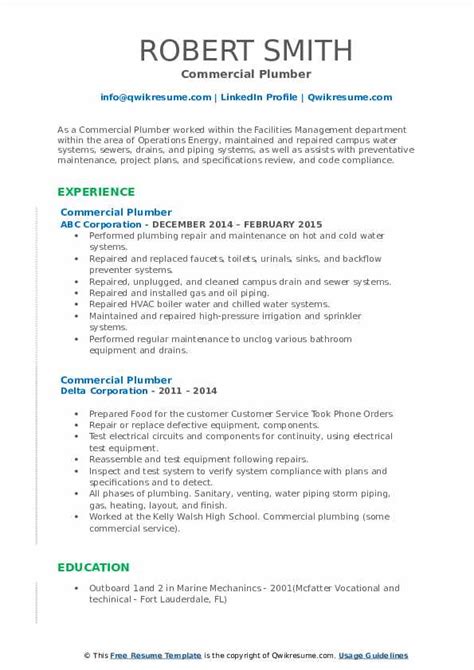 Commercial Plumber Resume Samples | QwikResume