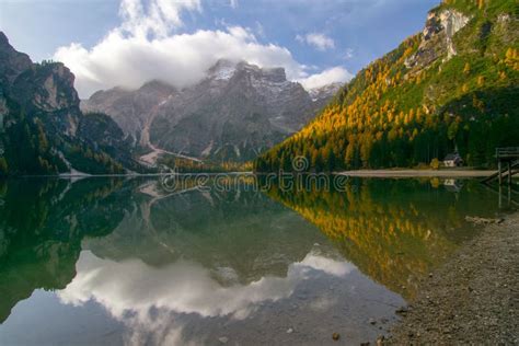 Scenic View Of Braies Lake At Autumn Day Stock Photo Image Of Lago