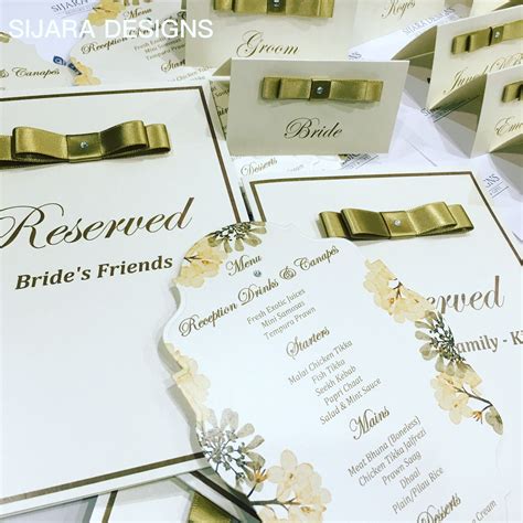 Ivory And Gold Wedding Stationery Shaped Floral Menu Cards With Reserved