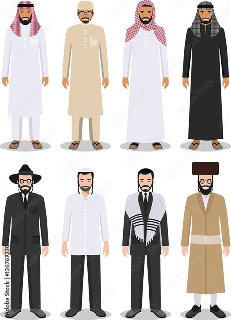 Set Of Different Standing Arab And Jewish Men In The Traditional