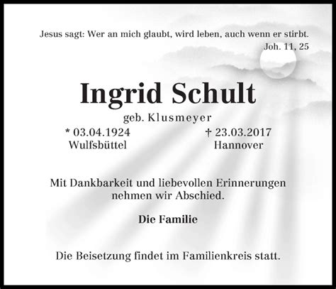 Traueranzeigen Von Ingrid Schult Trauer And Gedenken