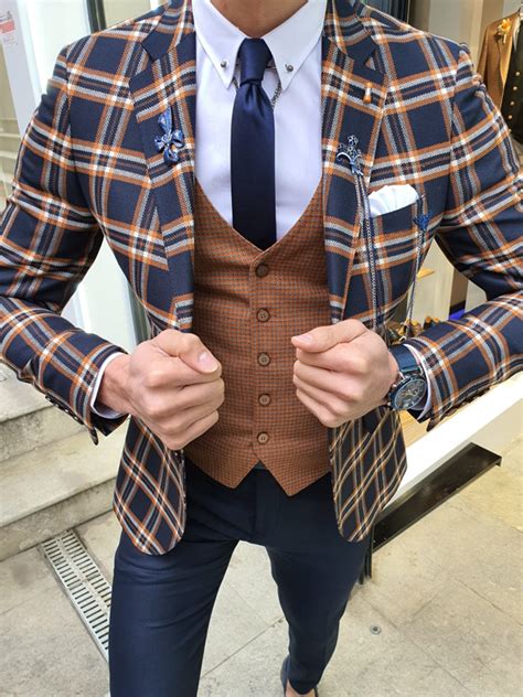 Buy Navy Blue Slim Fit Plaid Check Suit By Free Shipping