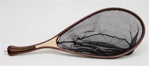 Custom Wooden Fly Fishing Net With Curved Handle And Elongated Hoop