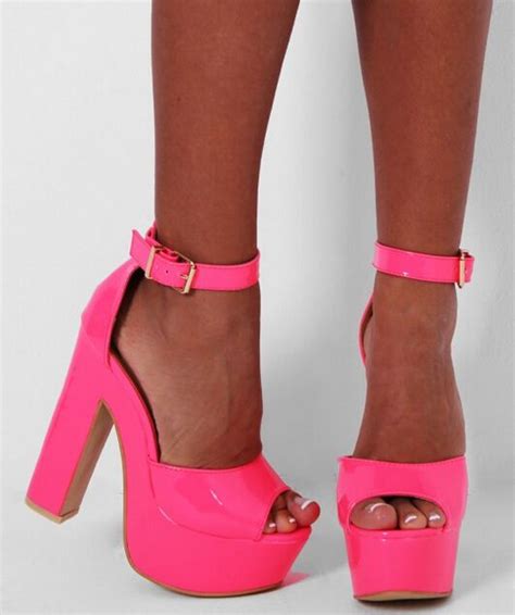 Amazing Girl Neon Pink Platform Chunky Heel Peeptoe Buckle Shoes