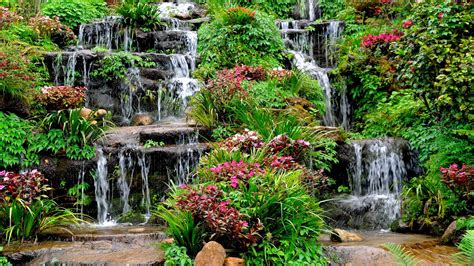 Beautiful Garden With Waterfalls And Flowers Plants And