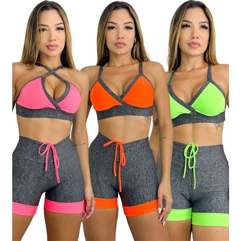 Conjunto Fitness Feminino Top E Short Academia Cinza Cores Shopee Brasil